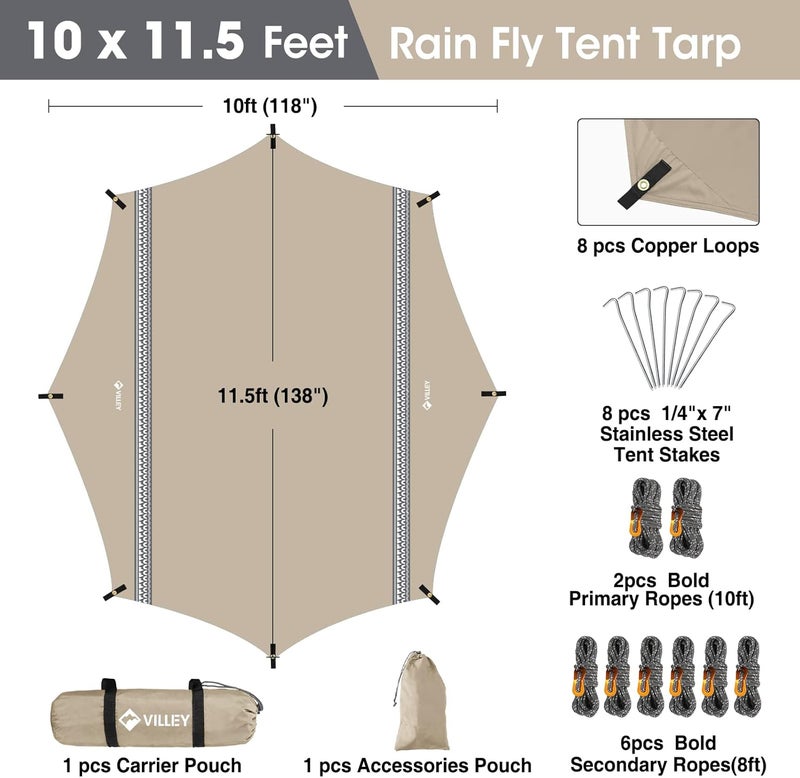VILLEY Hammock Tent Rain Fly, Octagonal Waterproof Camping Tarp, Sun Shelter for Camping, Backpacking, Hiking, Accessory Includes Stakes, Ropes and Carry Bag (Khaki) - Image 3